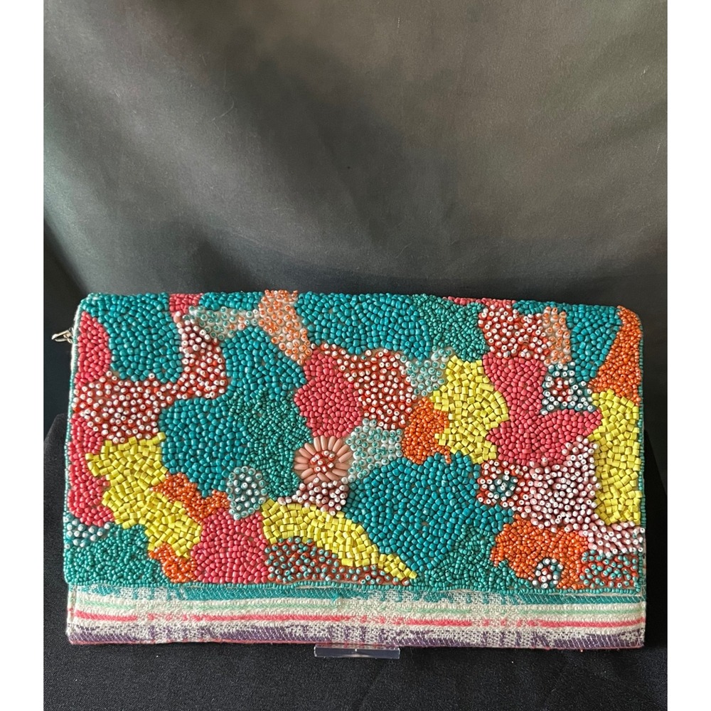 America & Beyond Beaded Clutch Crossbody Handbag‎ Turquoise Colorful Party Purse